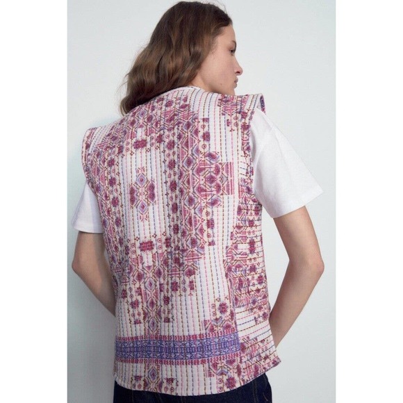 ZARA Womens Jacket‎ Size Small Cream Pink Printed Quilted Vest Sleeveless V-Neck - Picture 6 of 10